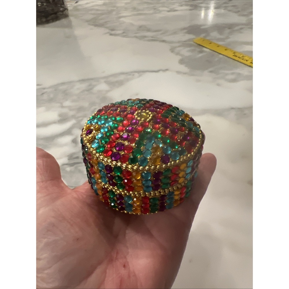 Gorgeous Handmade Colorful Rhinestone Trinket Box Round Unique - Picture 4 of 7